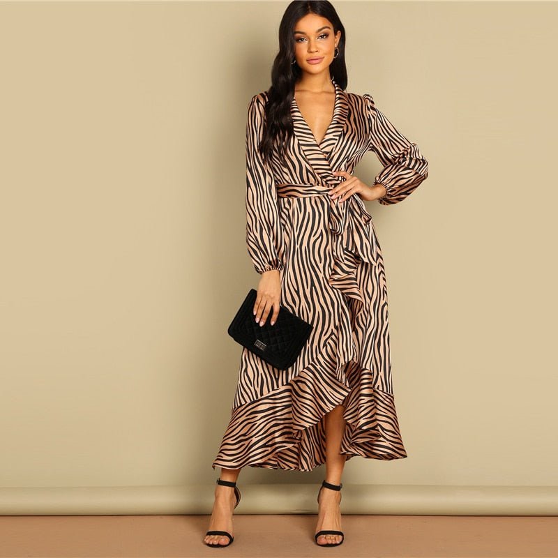 Deep V Neck Shawl Collar Surplice Wrap Flounce Animal Zebra Belted Fit and Flare Mid Waist Dress Women Autumn Dress - Vimost Shop