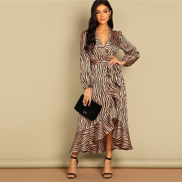 Deep V Neck Shawl Collar Surplice Wrap Flounce Animal Zebra Belted Fit and Flare Mid Waist Dress Women Autumn Dress - Vimost Shop