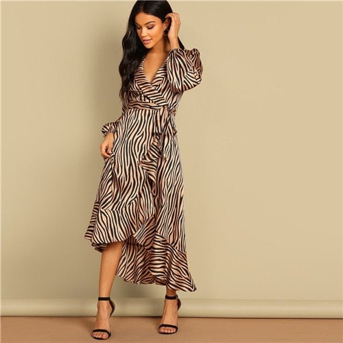 Deep V Neck Shawl Collar Surplice Wrap Flounce Animal Zebra Belted Fit and Flare Mid Waist Dress Women Autumn Dress - Vimost Shop