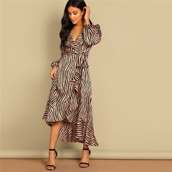 Deep V Neck Shawl Collar Surplice Wrap Flounce Animal Zebra Belted Fit and Flare Mid Waist Dress Women Autumn Dress - Vimost Shop