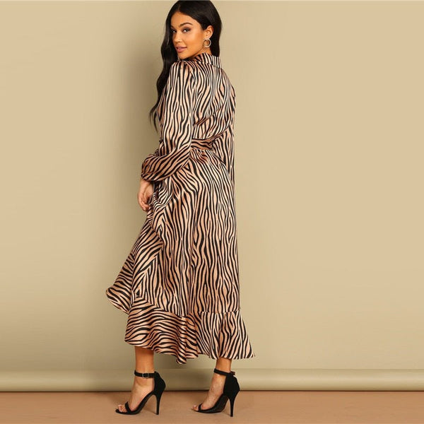 Deep V Neck Shawl Collar Surplice Wrap Flounce Animal Zebra Belted Fit and Flare Mid Waist Dress Women Autumn Dress - Vimost Shop