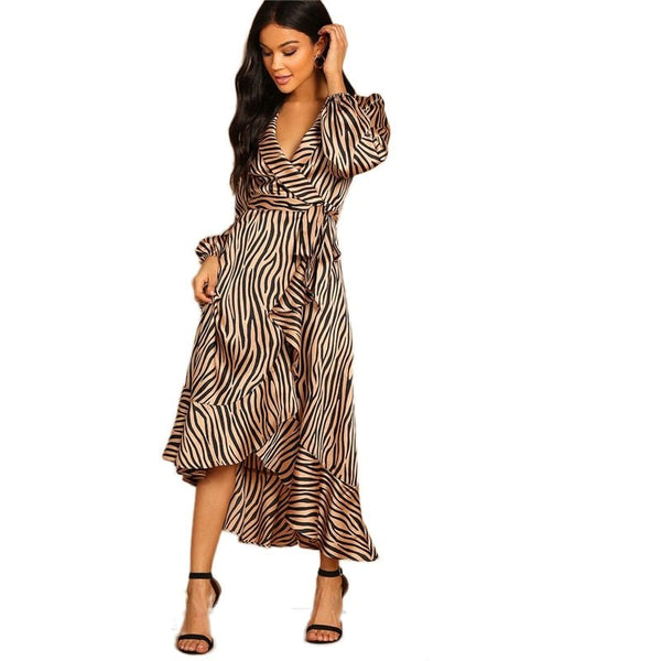 Deep V Neck Shawl Collar Surplice Wrap Flounce Animal Zebra Belted Fit and Flare Mid Waist Dress Women Autumn Dress - Vimost Shop