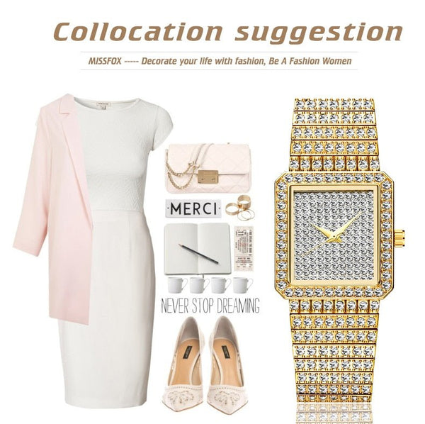 Diamond Watch For Women Luxury Brand Ladies Gold Square Watch Minimalist Analog Quartz Movt Unique Female Iced Out Watch - Vimost Shop