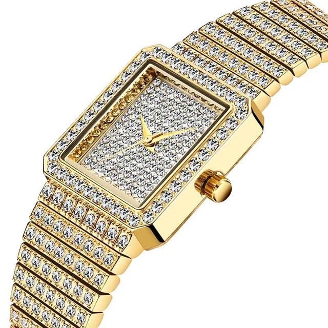 Diamond Watch For Women Luxury Brand Ladies Gold Square Watch Minimalist Analog Quartz Movt Unique Female Iced Out Watch - Vimost Shop