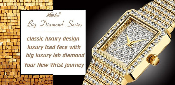 Diamond Watch For Women Luxury Brand Ladies Gold Square Watch Minimalist Analog Quartz Movt Unique Female Iced Out Watch - Vimost Shop
