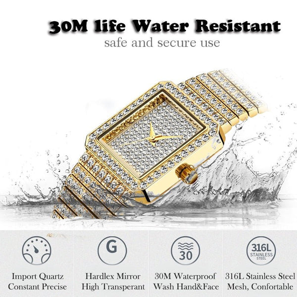 Diamond Watch For Women Luxury Brand Ladies Gold Square Watch Minimalist Analog Quartz Movt Unique Female Iced Out Watch - Vimost Shop