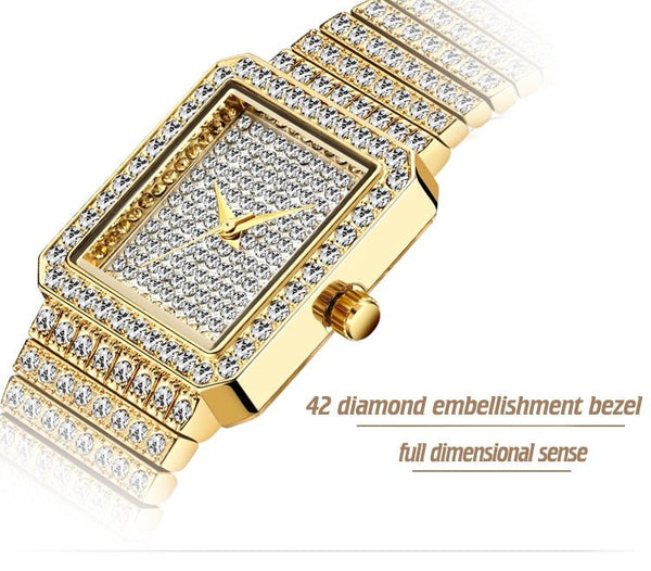 Diamond Watch For Women Luxury Brand Ladies Gold Square Watch Minimalist Analog Quartz Movt Unique Female Iced Out Watch - Vimost Shop