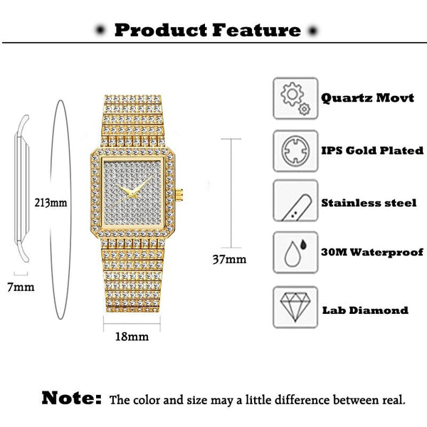 Diamond Watch For Women Luxury Brand Ladies Gold Square Watch Minimalist Analog Quartz Movt Unique Female Iced Out Watch - Vimost Shop