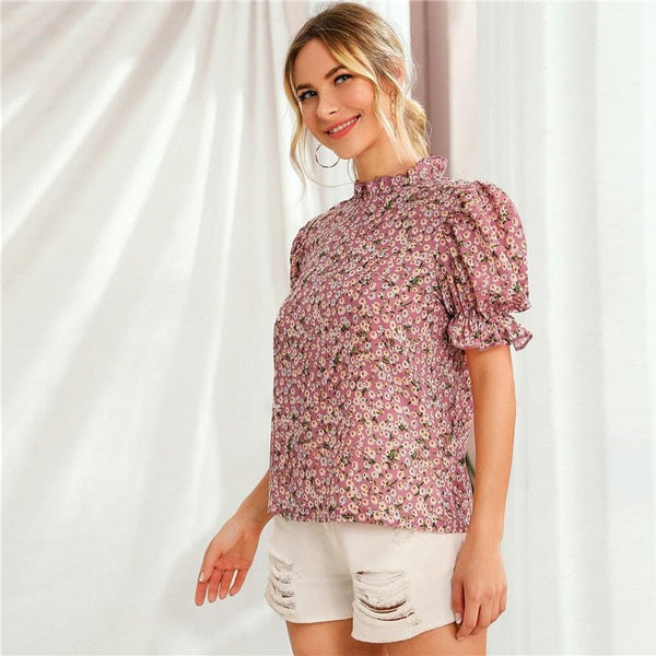 Ditsy Floral Frill Neck Puff Sleeve Top Keyhole Back Blouse - Vimost Shop