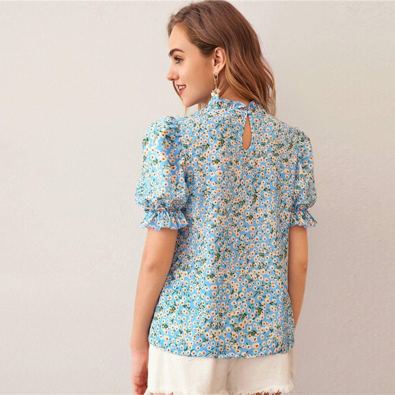 Ditsy Floral Frill Neck Puff Sleeve Top Keyhole Back Blouse - Vimost Shop