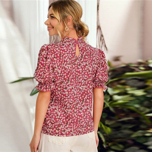 Ditsy Floral Frill Neck Puff Sleeve Top Keyhole Back Blouse - Vimost Shop