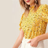 Ditsy Floral Frill Neck Puff Sleeve Top Keyhole Back Blouse - Vimost Shop