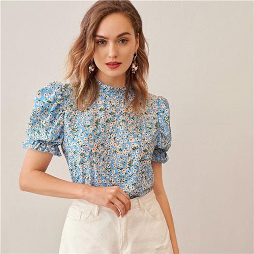 Ditsy Floral Frill Neck Puff Sleeve Top Keyhole Back Blouse - Vimost Shop