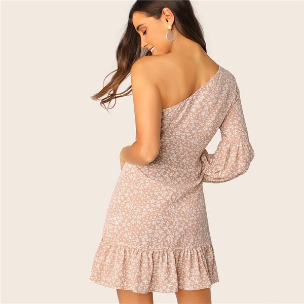 Ditsy Floral One Shoulder Lantern Sleeve Ruffle Dress Boho Pink High Waist Wrap Women Spring Summer Dresses - Vimost Shop