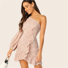 Ditsy Floral One Shoulder Lantern Sleeve Ruffle Dress Boho Pink High Waist Wrap Women Spring Summer Dresses