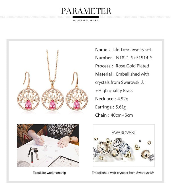 Dubai Gold Jewelry Sets for Women Accessories Tree of Life Charm Earrings Necklace Set with Pink Crystal from Swarovski - Vimost Shop