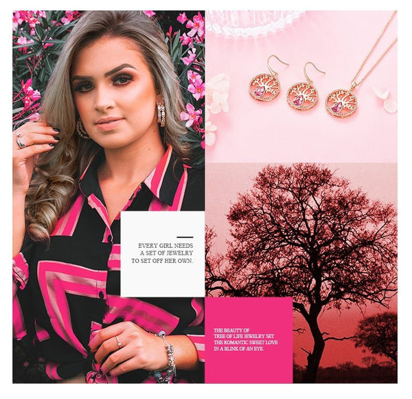 Dubai Gold Jewelry Sets for Women Accessories Tree of Life Charm Earrings Necklace Set with Pink Crystal from Swarovski - Vimost Shop
