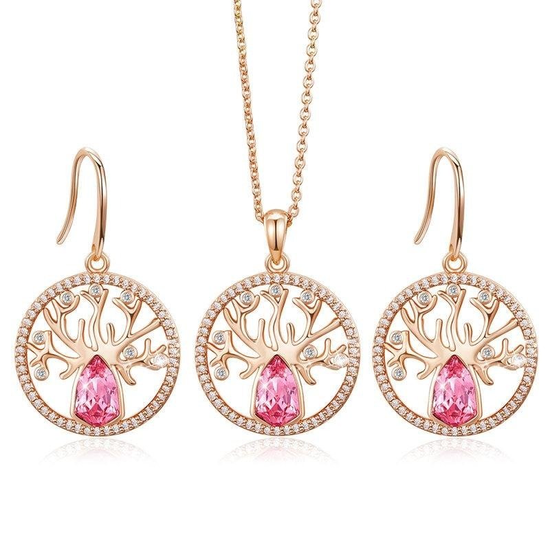 Dubai Gold Jewelry Sets for Women Accessories Tree of Life Charm Earrings Necklace Set with Pink Crystal from Swarovski - Vimost Shop