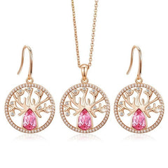 Dubai Gold Jewelry Sets for Women Accessories Tree of Life Charm Earrings Necklace Set with Pink Crystal from Swarovski