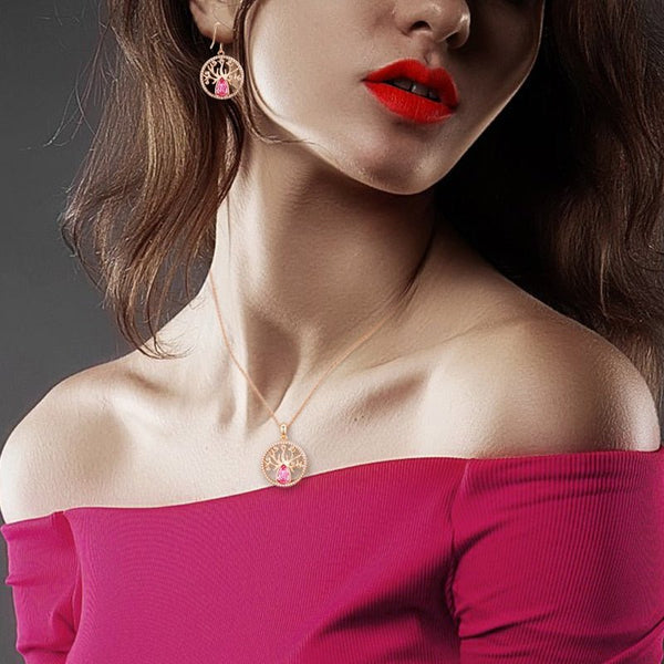 Dubai Gold Jewelry Sets for Women Accessories Tree of Life Charm Earrings Necklace Set with Pink Crystal from Swarovski - Vimost Shop