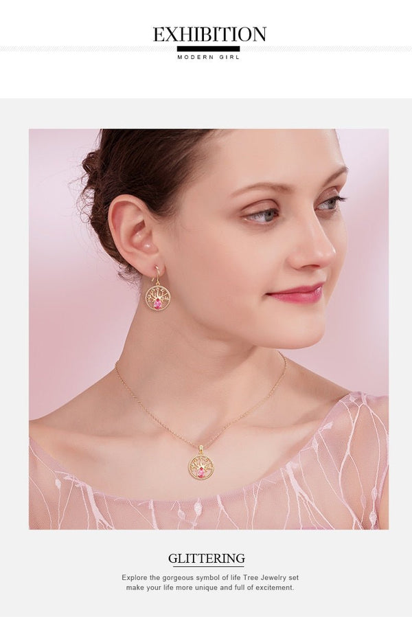 Dubai Gold Jewelry Sets for Women Accessories Tree of Life Charm Earrings Necklace Set with Pink Crystal from Swarovski - Vimost Shop