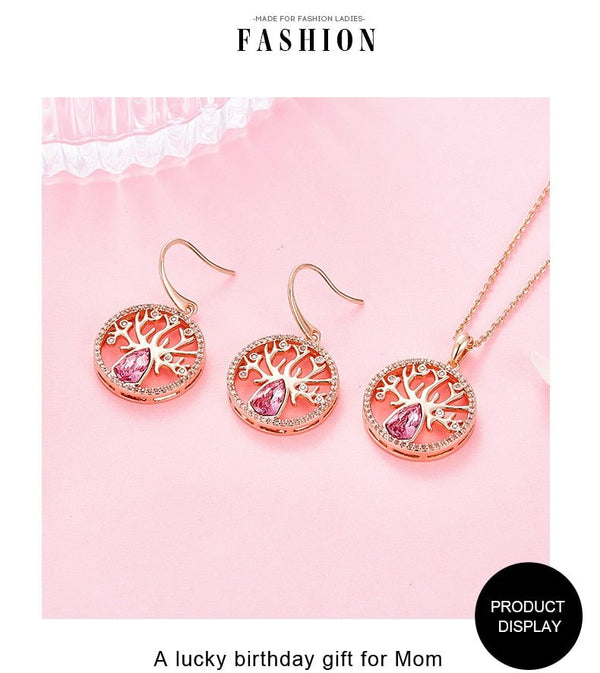 Dubai Gold Jewelry Sets for Women Accessories Tree of Life Charm Earrings Necklace Set with Pink Crystal from Swarovski - Vimost Shop