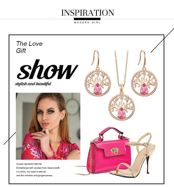 Dubai Gold Jewelry Sets for Women Accessories Tree of Life Charm Earrings Necklace Set with Pink Crystal from Swarovski - Vimost Shop