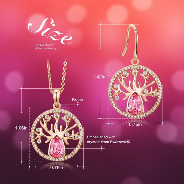 Dubai Gold Jewelry Sets for Women Accessories Tree of Life Charm Earrings Necklace Set with Pink Crystal from Swarovski - Vimost Shop