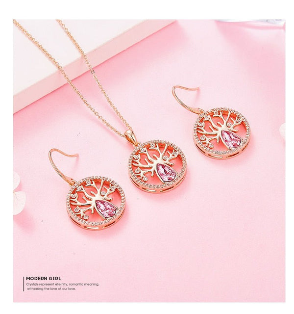 Dubai Gold Jewelry Sets for Women Accessories Tree of Life Charm Earrings Necklace Set with Pink Crystal from Swarovski - Vimost Shop