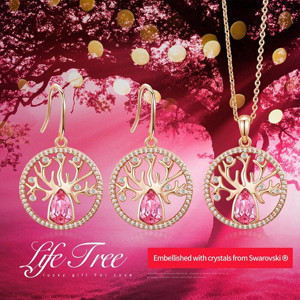 Dubai Gold Jewelry Sets for Women Accessories Tree of Life Charm Earrings Necklace Set with Pink Crystal from Swarovski - Vimost Shop