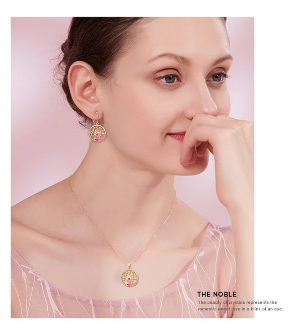 Dubai Gold Jewelry Sets for Women Accessories Tree of Life Charm Earrings Necklace Set with Pink Crystal from Swarovski - Vimost Shop