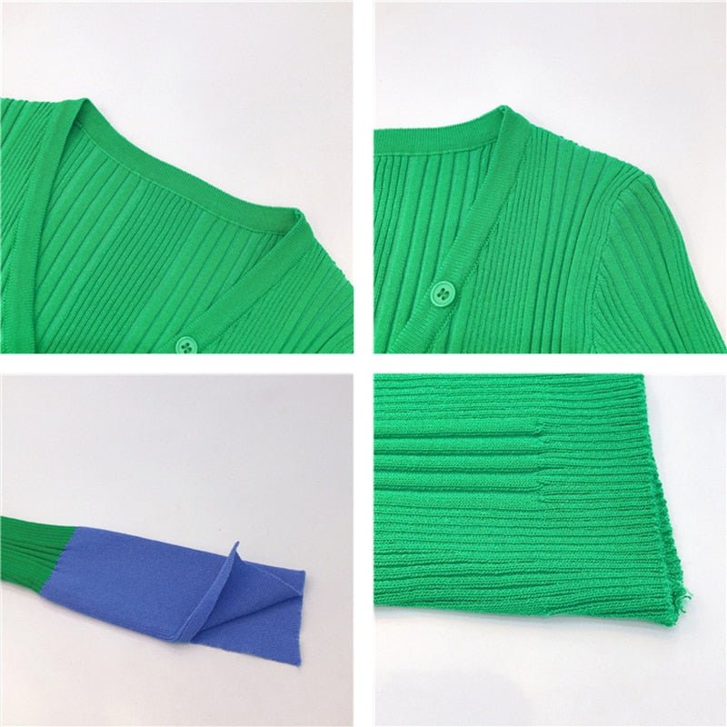 E Girl Spring Knit Cardigan Slim Patchwork Basic Women Jacket Y2K Preppy Style Short Coat Sweater Elastic Thin Knitwear - Vimost Shop