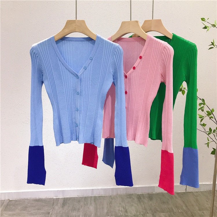 E Girl Spring Knit Cardigan Slim Patchwork Basic Women Jacket Y2K Preppy Style Short Coat Sweater Elastic Thin Knitwear - Vimost Shop