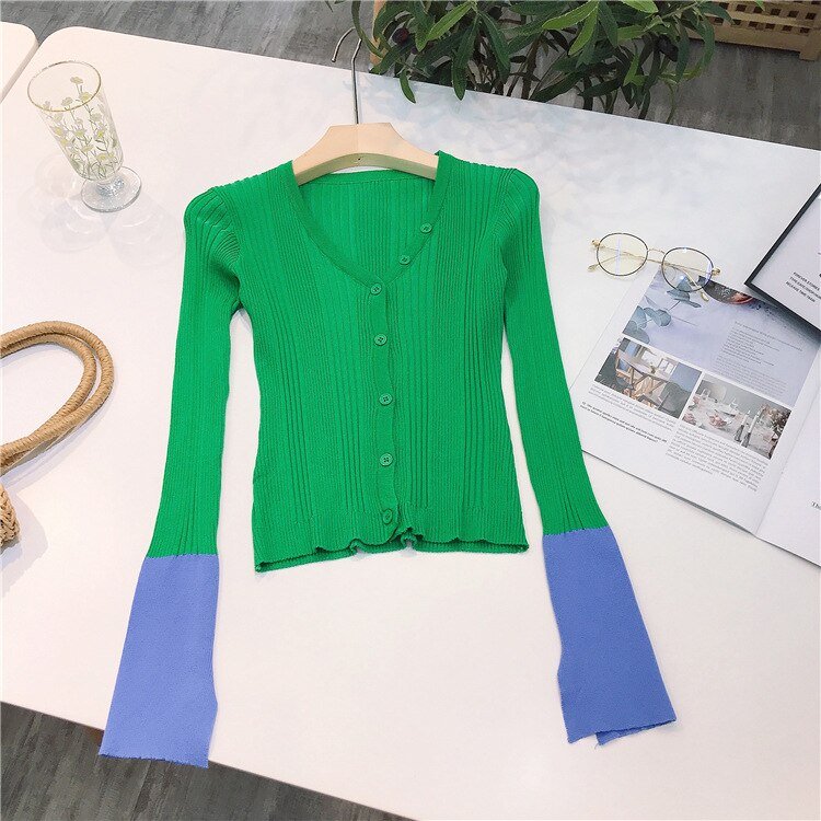 E Girl Spring Knit Cardigan Slim Patchwork Basic Women Jacket Y2K Preppy Style Short Coat Sweater Elastic Thin Knitwear - Vimost Shop