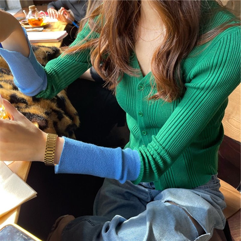 E Girl Spring Knit Cardigan Slim Patchwork Basic Women Jacket Y2K Preppy Style Short Coat Sweater Elastic Thin Knitwear - Vimost Shop