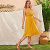 Yellow Lace Panel Ruffle Hem Belted Summer Boho Midi Dress Women Sleeveless High Waist Ladies Fringe Fit and Flare Dresses | Vimost Shop.