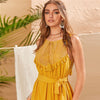 Yellow Lace Panel Ruffle Hem Belted Summer Boho Midi Dress Women Sleeveless High Waist Ladies Fringe Fit and Flare Dresses | Vimost Shop.