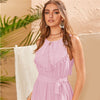 Yellow Lace Panel Ruffle Hem Belted Summer Boho Midi Dress Women Sleeveless High Waist Ladies Fringe Fit and Flare Dresses | Vimost Shop.