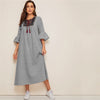 Tassel Tie Neck Embroidered Yoke Boho Striped Dress Women Summer Holiday Drop Waist Flounce Sleeve A Line Long Dresses | Vimost Shop.