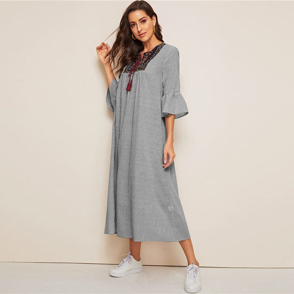 Tassel Tie Neck Embroidered Yoke Boho Striped Dress Women Summer Holiday Drop Waist Flounce Sleeve A Line Long Dresses | Vimost Shop.