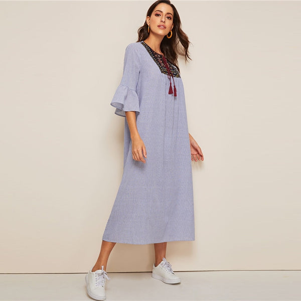 Tassel Tie Neck Embroidered Yoke Boho Striped Dress Women Summer Holiday Drop Waist Flounce Sleeve A Line Long Dresses | Vimost Shop.