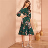 Green Abaya Elastic Waist Belted Floral High Waist Dress Women Spring Autumn Bishop Sleeve Flared Elegant Long Dresses | Vimost Shop.