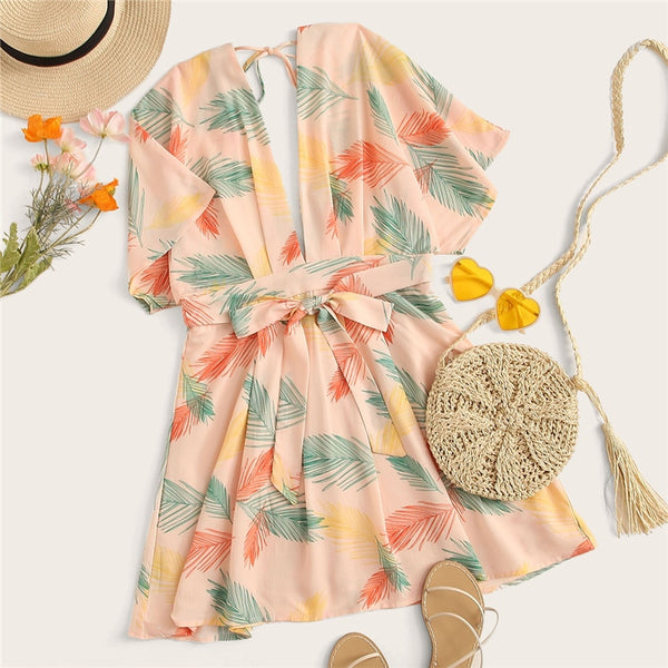 Plunge Neck Tied Open Back Tropical Dress Deep V Neck Fit and Flare Women Dresses Short Sleeve Summer Dress | Vimost Shop.