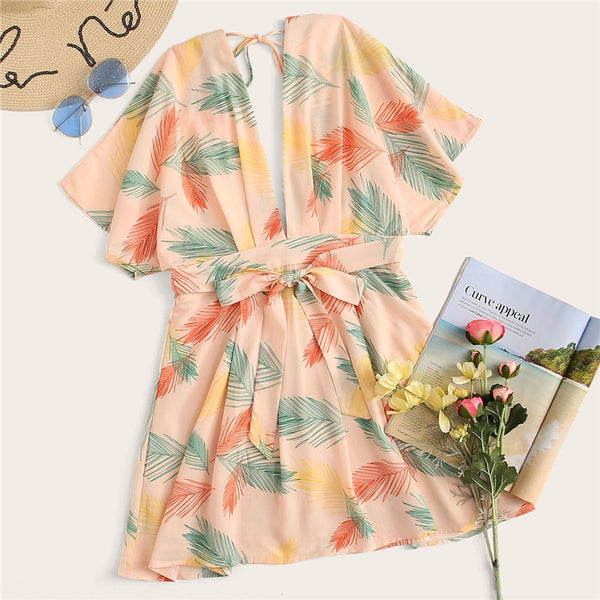Plunge Neck Tied Open Back Tropical Dress Deep V Neck Fit and Flare Women Dresses Short Sleeve Summer Dress | Vimost Shop.