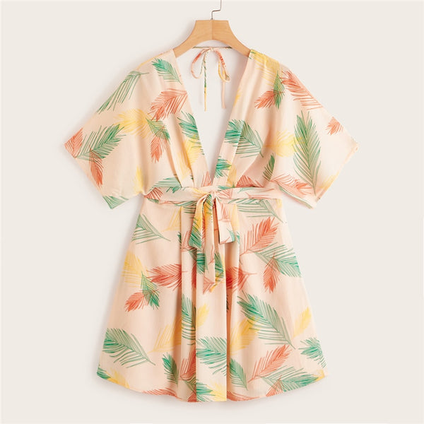Plunge Neck Tied Open Back Tropical Dress Deep V Neck Fit and Flare Women Dresses Short Sleeve Summer Dress | Vimost Shop.