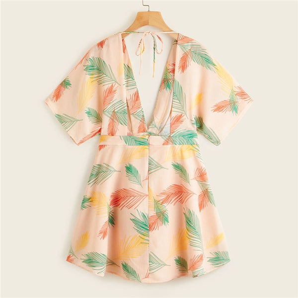 Plunge Neck Tied Open Back Tropical Dress Deep V Neck Fit and Flare Women Dresses Short Sleeve Summer Dress | Vimost Shop.