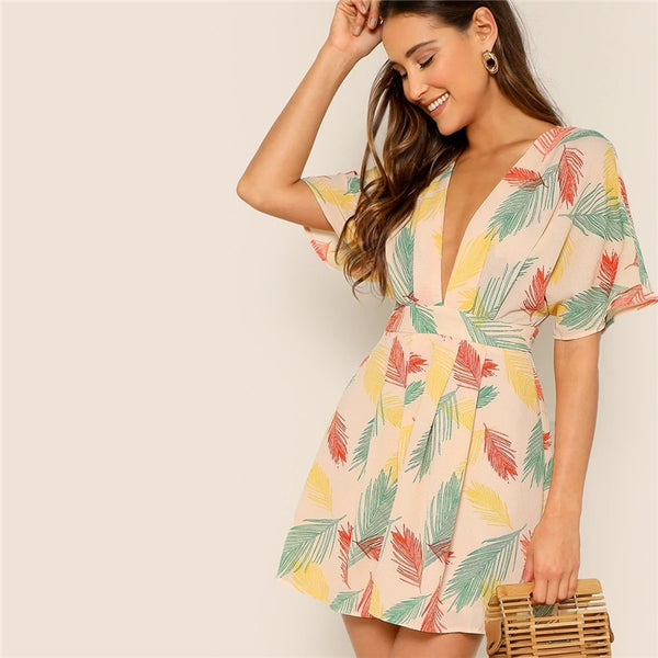 Plunge Neck Tied Open Back Tropical Dress Deep V Neck Fit and Flare Women Dresses Short Sleeve Summer Dress | Vimost Shop.