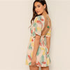 Plunge Neck Tied Open Back Tropical Dress Deep V Neck Fit and Flare Women Dresses Short Sleeve Summer Dress | Vimost Shop.