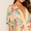 Plunge Neck Tied Open Back Tropical Dress Deep V Neck Fit and Flare Women Dresses Short Sleeve Summer Dress | Vimost Shop.