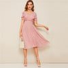 Pink Ruffle Trim Puff Sleeve Shirred Waist Summer Boho Dress Fit and Flare Dress Women Elegant Empire Long Dresses | Vimost Shop.